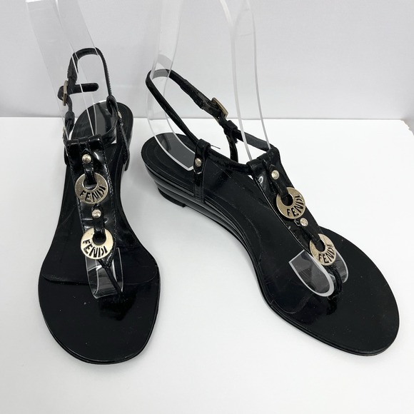 Fendi Leather Sandals Wedge Shoes Black Gold Metal "Fendi" Cut Out Discs 38 1/2 - Picture 1 of 12
